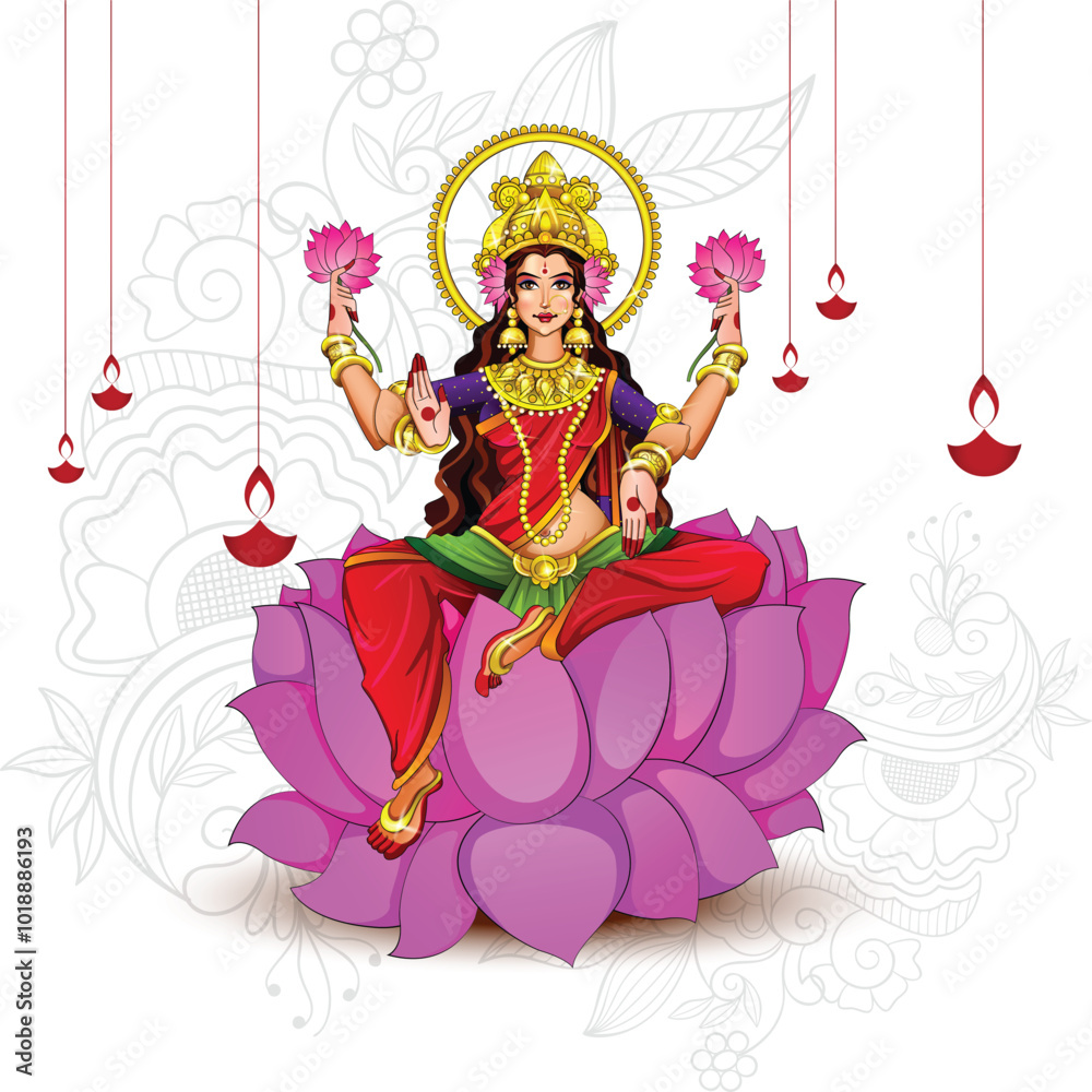 Obraz premium Vector illustration of a Beautiful Poster Or Banner With Goddess Maa Laxmi Of Indian Dhanteras Festival Background.