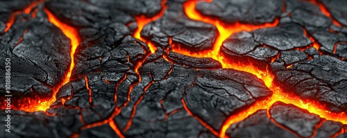 A cracked volcanic rock illuminated by glowing lava, displaying naturea??s fiery power in vivid detail. photo