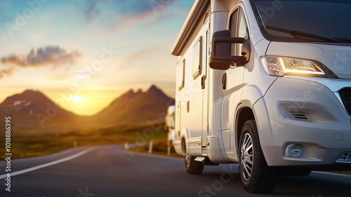 A parked recreational vehicle on a scenic winding road at sunset near majestic mountains, illuminating the serene landscape in warm hues while adventure awaits