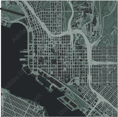 Map of San Diego Center in California in a smooth dark style. Contains layered vector with roads water, parks, etc.
