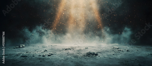 Dark background, spotlight on the ground, light beam, light rays, fog effect