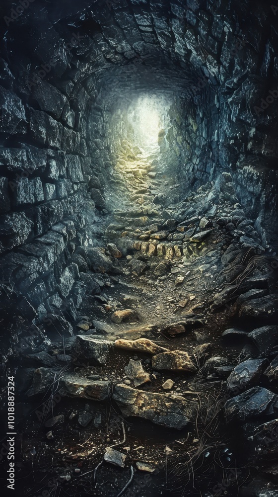 Obraz premium A mysterious stone tunnel illuminated by bright light at the end reveals rough textures and shadows