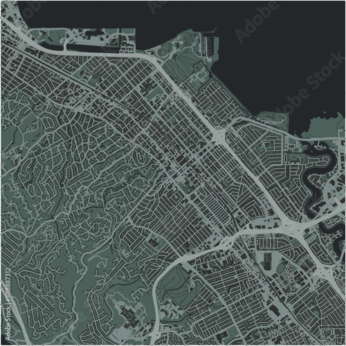 Map of San Mateo in California in a smooth dark style. Contains layered vector with roads water, parks, etc.