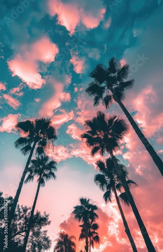 Palms trees of Los Angeles against a blue sky with pink clouds. Sunset sky scenery photo to be used as a phone wallpaper or background.