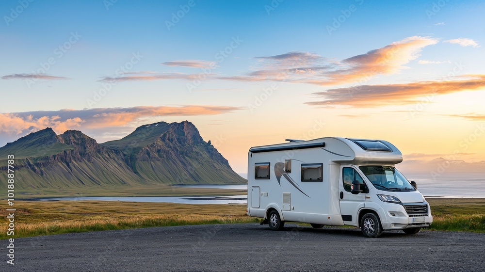 A serene evening view of a camper van parked under a colorful sky near dramatic mountains, reflecting the charm of Icelandic landscapes during sunset A serene evening view of a camper van parked under a colorful sky near dramatic mountains, reflecting the charm of Icelandic landscapes during sunset