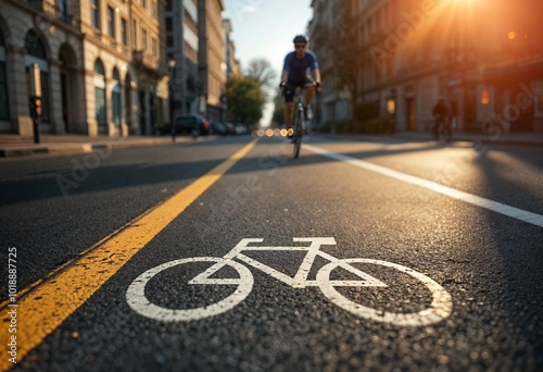 A painted bicycle symbol on an asphalt bike lane in central Paris, France, on a sunny day. photo