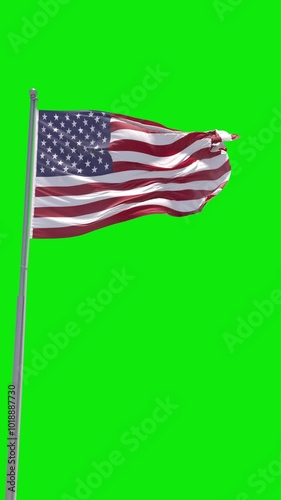 USA Flag on flagpole vertical Cinematic Realistic Motion Waving on green background chroma key