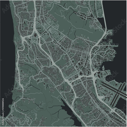 Map of South San Francisco in California in a smooth dark style. Contains layered vector with roads water, parks, etc.