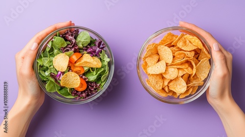 A colorful and nutritious salad bowl contrasts with a bowl of crunchy potato chips placed on a vibrant purple background, showcasing healthy versus indulgent snacks