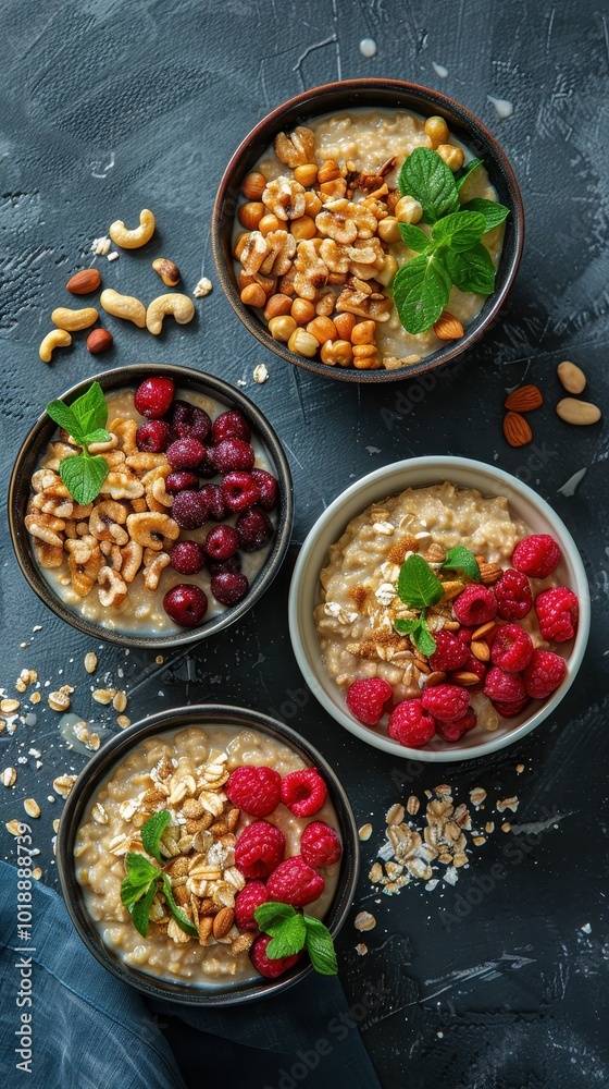 Four delicious bowls of oatmeal topped with nuts and berries for a wholesome breakfast spread Four delicious bowls of oatmeal topped with nuts and berries for a wholesome breakfast spread