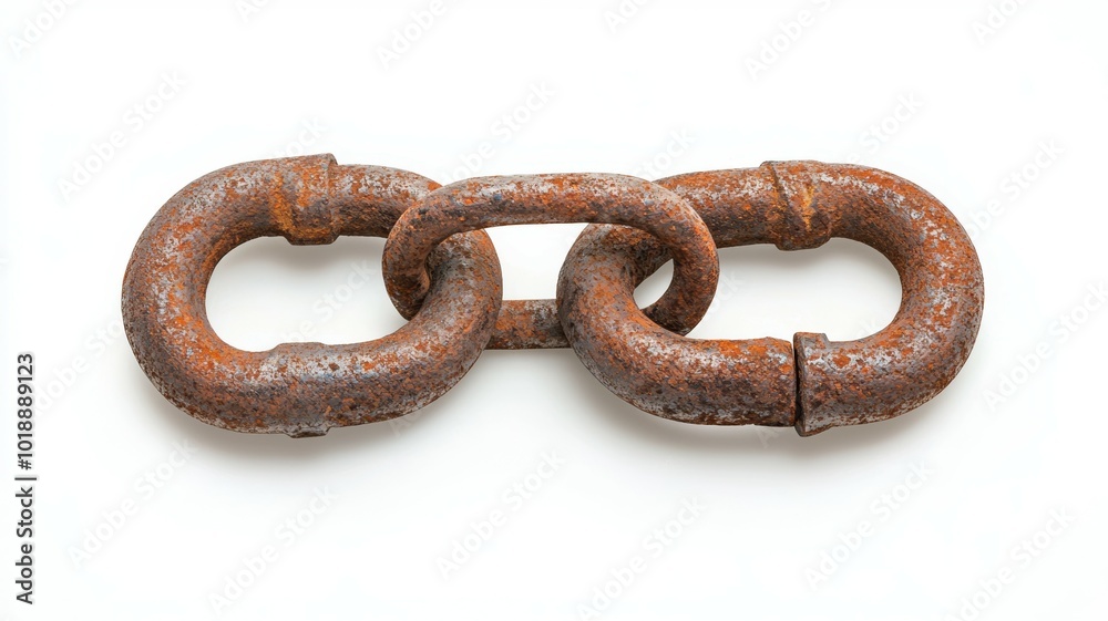 A close-up view of an old, rusty metal chain lying on a white background, showcasing the deterioration and history of the industrial material, emphasizing its weathered appearance and intricate links
