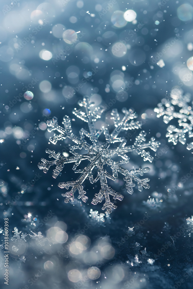 Frosty winter card with falling snow. Crystallic white snowflake on blured defocused background. Magical macro snowflakes backdrop. Holiday background for Christmas New Year banner with copy space. Frosty winter card with falling snow. Crystallic white snowflake on blured defocused background. Magical macro snowflakes backdrop. Holiday background for Christmas New Year banner with copy space.