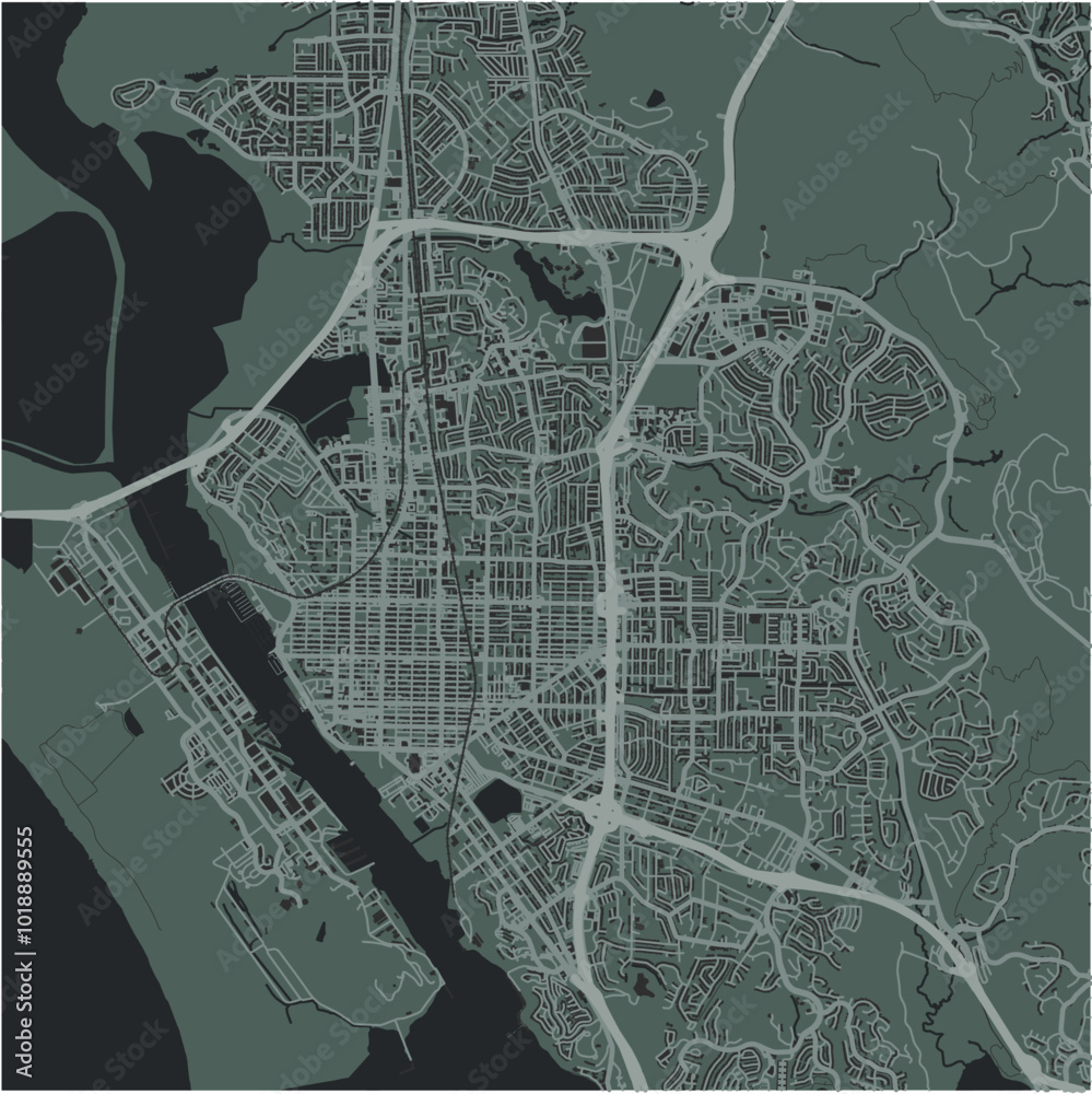 Map of Vallejo in California in a smooth dark style. Contains layered vector with roads water, parks, etc. Map of Vallejo in California in a smooth dark style. Contains layered vector with roads water, parks, etc.