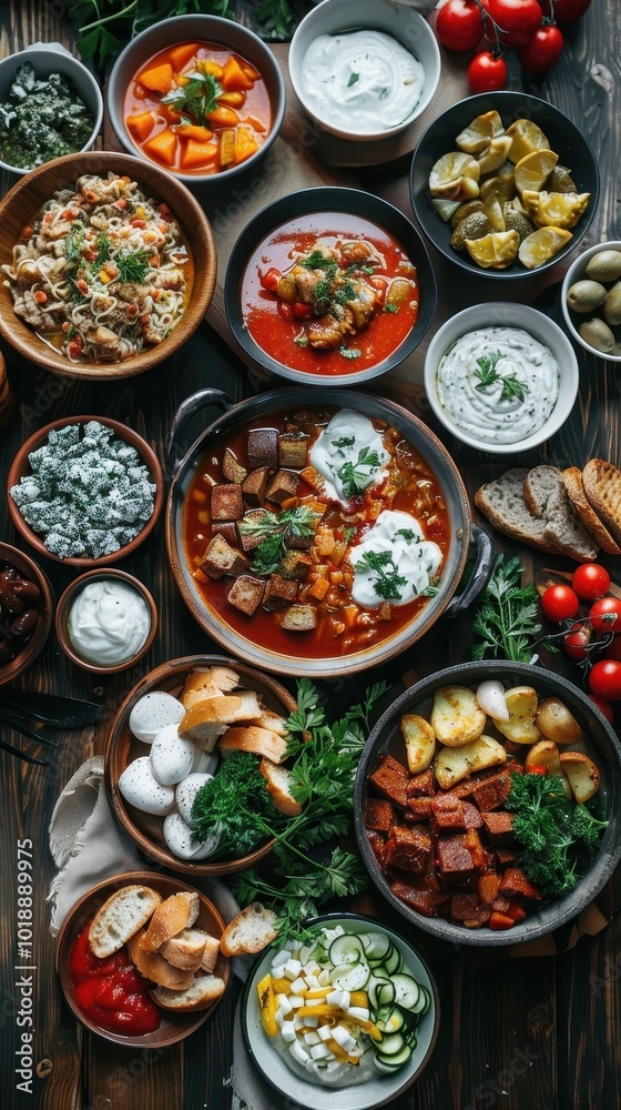 A table of Ukrainian borscht, creamy chicken soup, and grilled veggies for a hearty meal A table of Ukrainian borscht, creamy chicken soup, and grilled veggies for a hearty meal