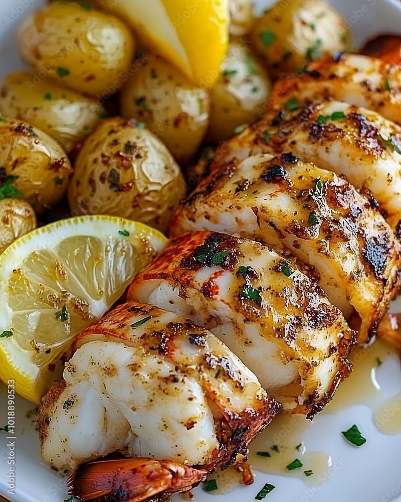 Lemon Garlic Lobster Tail with Parmesan Potatoes, golden-brown lobster tail Lemon Garlic Lobster Tail with Parmesan Potatoes, golden-brown lobster tail