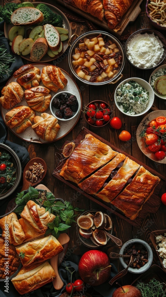 Fototapeta premium A vibrant table of diverse dishes, including apple raisin walnut strudel and savory pastries