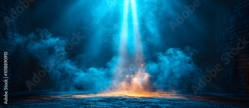 Dark background, spotlight on the ground, light beam, light rays, fog effect