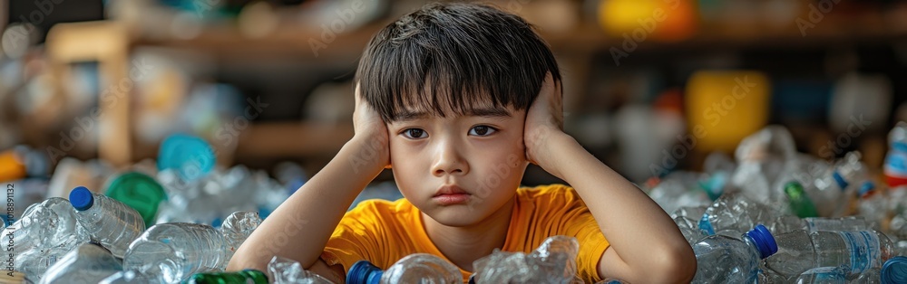 An Asian boy with a sad expression sitting among piles of used plastic bottles in an urban area An Asian boy with a sad expression sitting among piles of used plastic bottles in an urban area