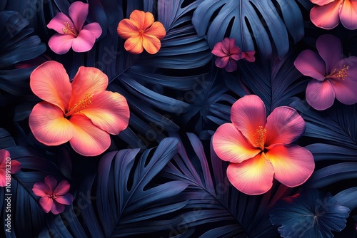 modern tropical pattern with bold palm leaves and exotic flowers vivid neon colors on black background geometric elements blending with organic shapes