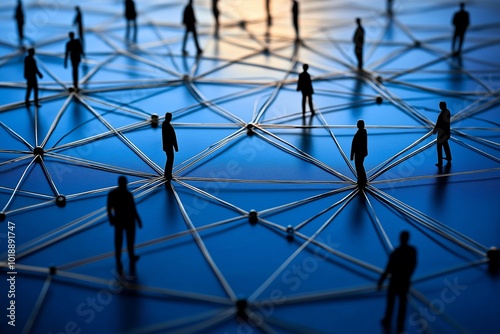 Silhouettes of figures standing on a network, symbolizing social interaction and technology on a blue background.