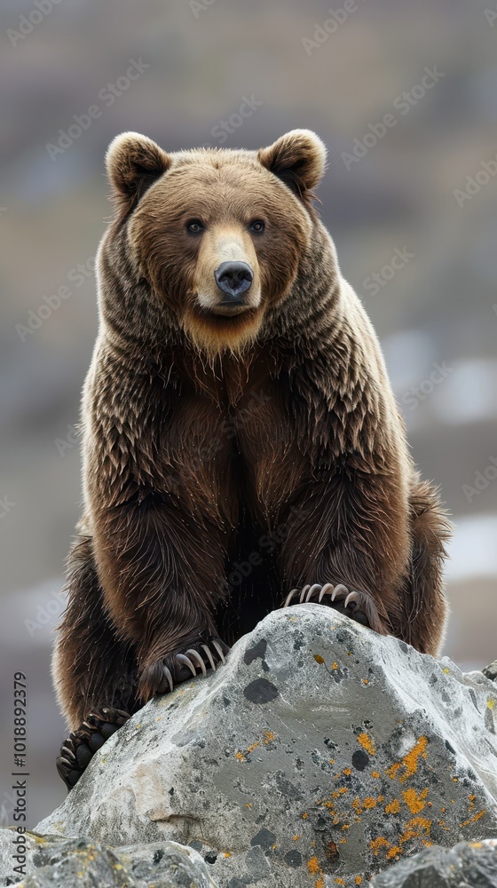 Obraz premium Brown bear perched on a rock in its natural habitat during a calm afternoon