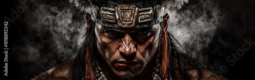 A photorealistic 3D render of a Maya prince ruler showcasing Aztec culture and attire