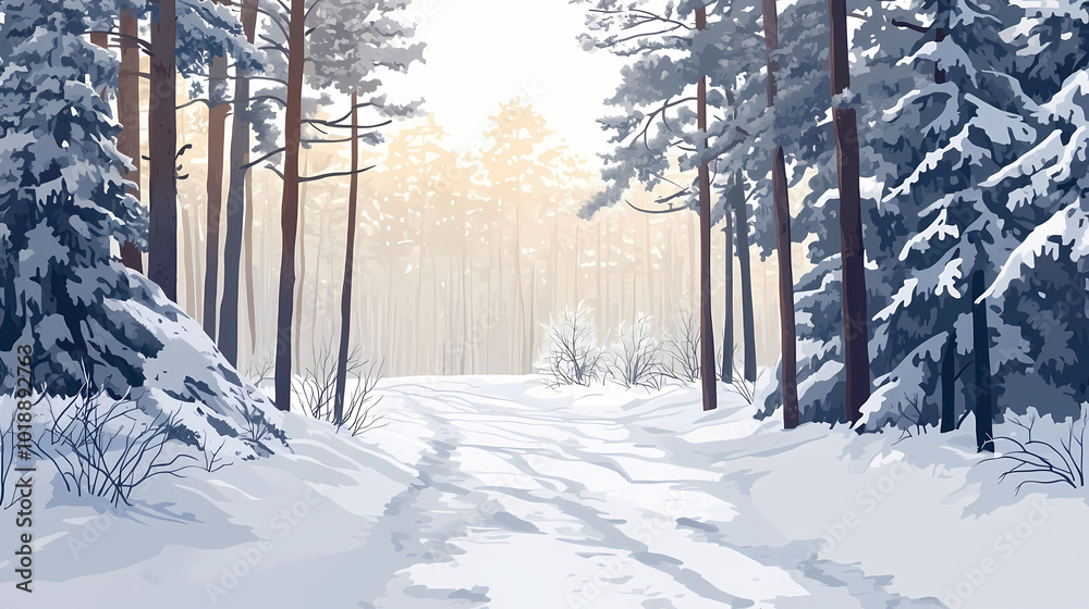 Path in the winter snowy pine wood. snow trail in the forest. generative ai. Snowy Pine Forest. Illustration Path in the winter snowy pine wood. snow trail in the forest. generative ai. Snowy Pine Forest. Illustration