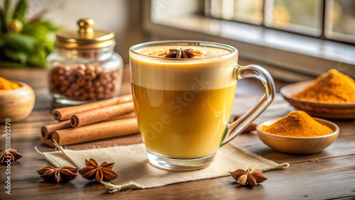 Spiced latte, aromatic, served in a glass cup, with cinnamon and star anise, on a wooden table