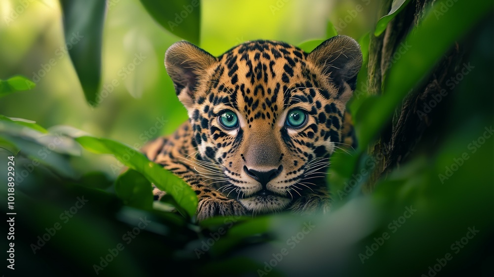 A curious jaguar cub peeks through lush green foliage in a vibrant rainforest, showcasing its striking coat and expressive blue eyes during the early morning hours A curious jaguar cub peeks through lush green foliage in a vibrant rainforest, showcasing its striking coat and expressive blue eyes during the early morning hours