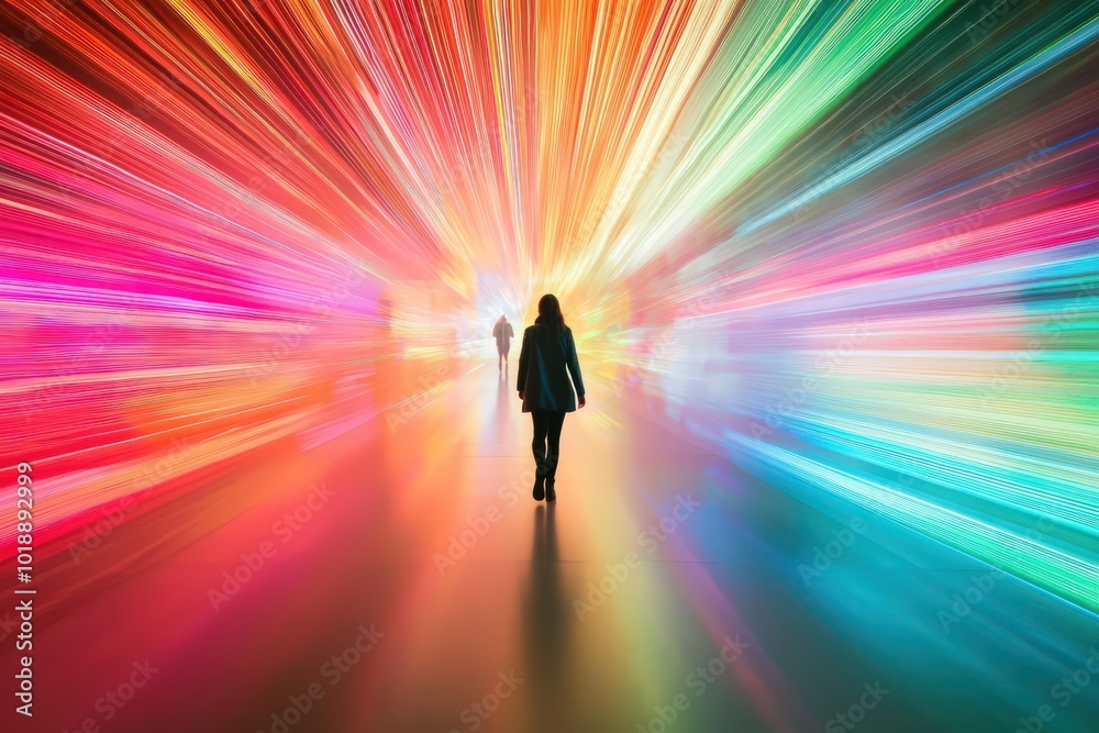 A figure navigating vibrant light beams, embodying the spirit exploration and innovation in a digital age. A figure navigating vibrant light beams, embodying the spirit exploration and innovation in a digital age.