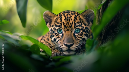 A curious jaguar cub peeks through lush green foliage in a vibrant rainforest, showcasing its striking coat and expressive blue eyes during the early morning hours