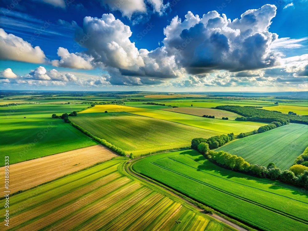 Fototapeta premium Lush Green Fields of Wheat Under a Bright Blue Sky with Fluffy White Clouds in Rural Landscape