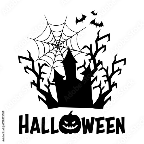 Halloween silhouette illustration with haunted house, spooky trees and spider web. Abandoned mansion graphic monochrome drawing. Hand drawn outline sketch. For Halloween party invitation, decoration.