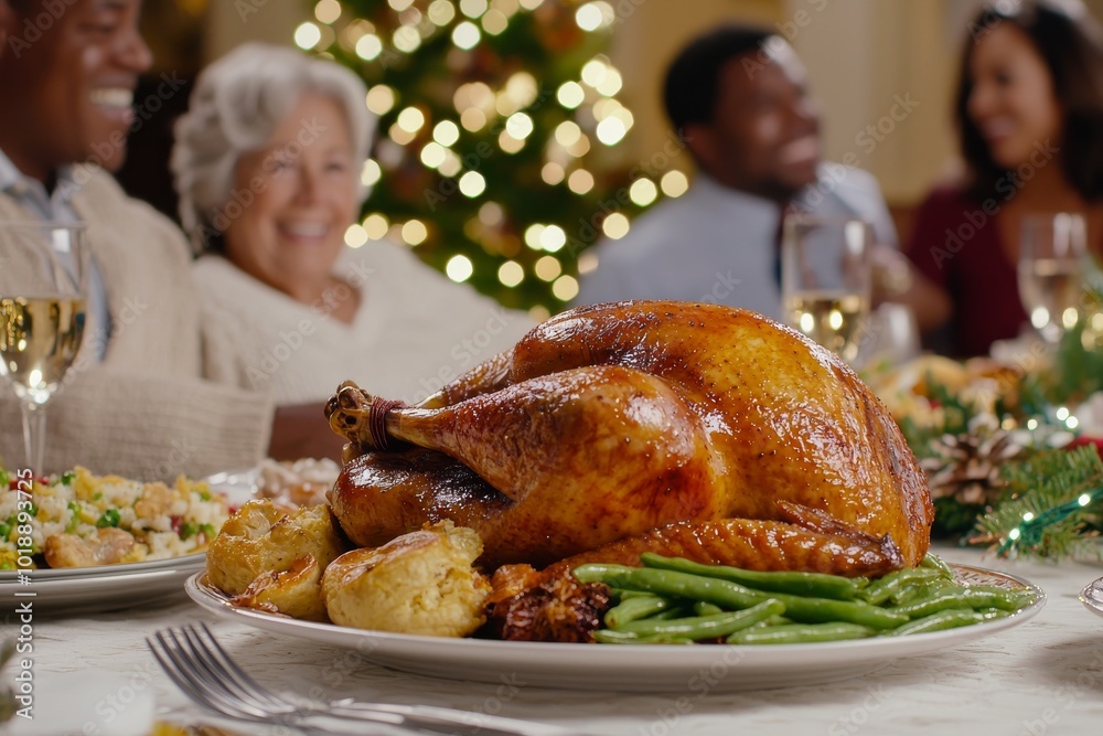 Multiracial friends talk with each other while eating Thanksgiving dinner. Multiracial friends talk with each other while eating Thanksgiving dinner.