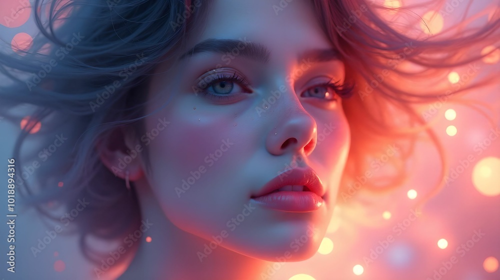 Portrait of a girl with a softly lit face, combining dreamy elements and bright shades, Portrait of a girl with a softly lit face, combining dreamy elements and bright shades,
