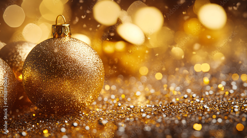 Shiny Christmas tree balls on golden sparkle bokeh background with sparkle and glitter. Celebrating winter New Year holiday on festive atmosphere. Shiny Christmas tree balls on golden sparkle bokeh background with sparkle and glitter. Celebrating winter New Year holiday on festive atmosphere.