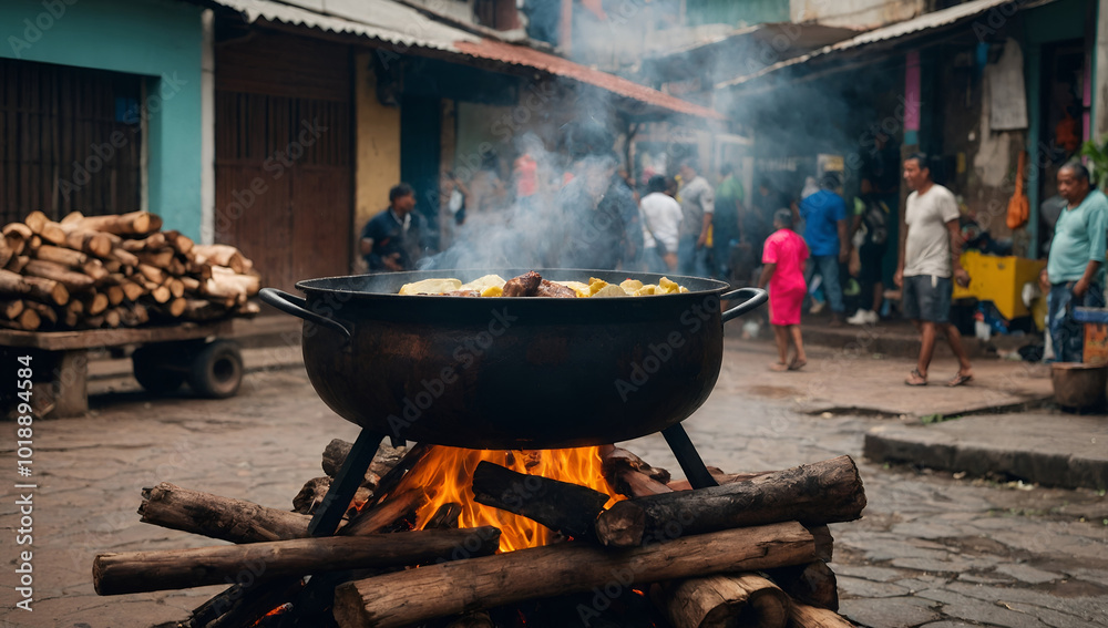 sancocho cooked on firewood at street, colombian tradition sancocho cooked on firewood at street, colombian tradition