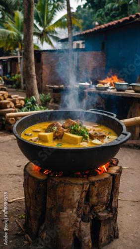 sancocho cooked on firewood at street, colombian tradition
