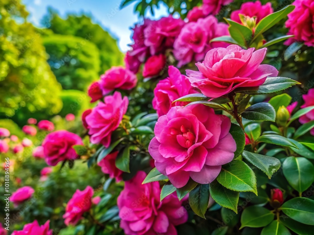 Lush Pink Gardenia Bush with Abundant Blooms in a Vibrant Green Garden Setting During Springtime Lush Pink Gardenia Bush with Abundant Blooms in a Vibrant Green Garden Setting During Springtime
