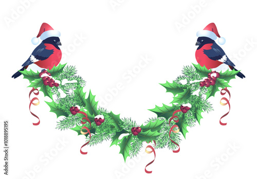 Christmas illustration with spruce garland and bullfinches bird in Santa hat in retro style. New Year element design.