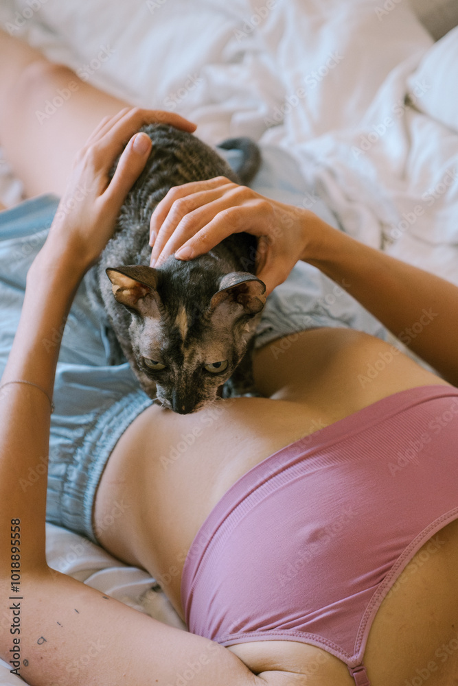 The cat is lying on the owner during the morning rest in the bedroom The cat is lying on the owner during the morning rest in the bedroom