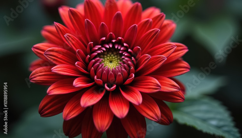 Closeup of red dahlia flower with green leaves photo