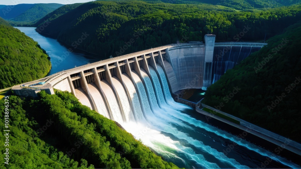 Massive hydropower dam nestled in lush green mountains, releasing powerful streams of water. A symbol of renewable energy and sustainable infrastructure in a natural environment Massive hydropower dam nestled in lush green mountains, releasing powerful streams of water. A symbol of renewable energy and sustainable infrastructure in a natural environment