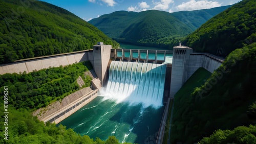 Massive hydropower dam nestled in lush green mountains, releasing powerful streams of water. A symbol of renewable energy and sustainable infrastructure in a natural environment