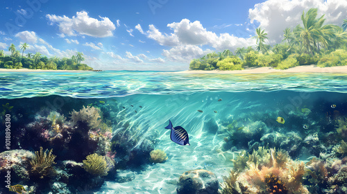 Fototapeta Naklejka Na Ścianę i Meble -  Tropical coastal scene with coral reef clear water fish and seaweed. Coral Reef Lagoon. Illustration
