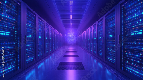 High-tech data center with glowing servers and futuristic lighting.