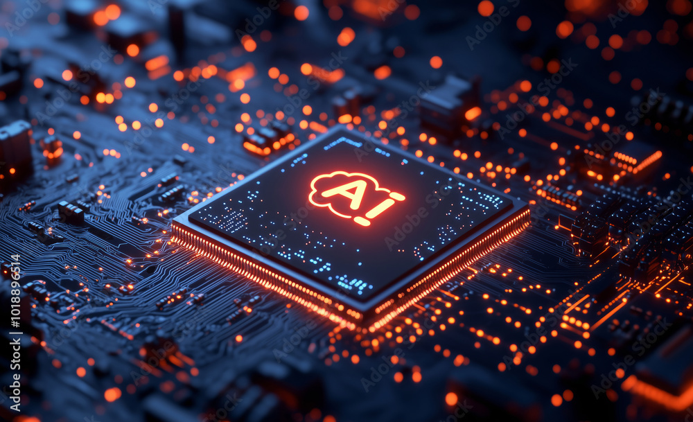 AI cloud processor on circuit board, futuristic glowing technology concept