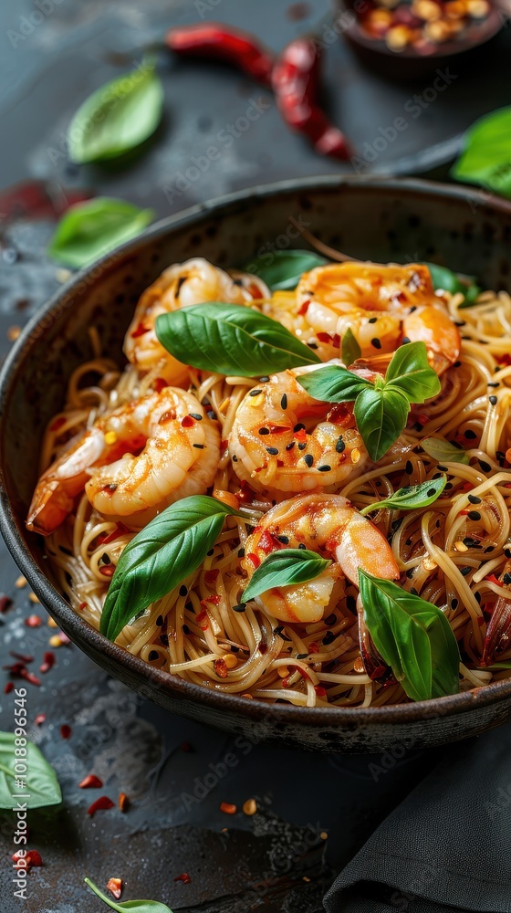 Savory bowl of noodles with shrimp and fresh basil for a delicious dining experience at dinner time Savory bowl of noodles with shrimp and fresh basil for a delicious dining experience at dinner time
