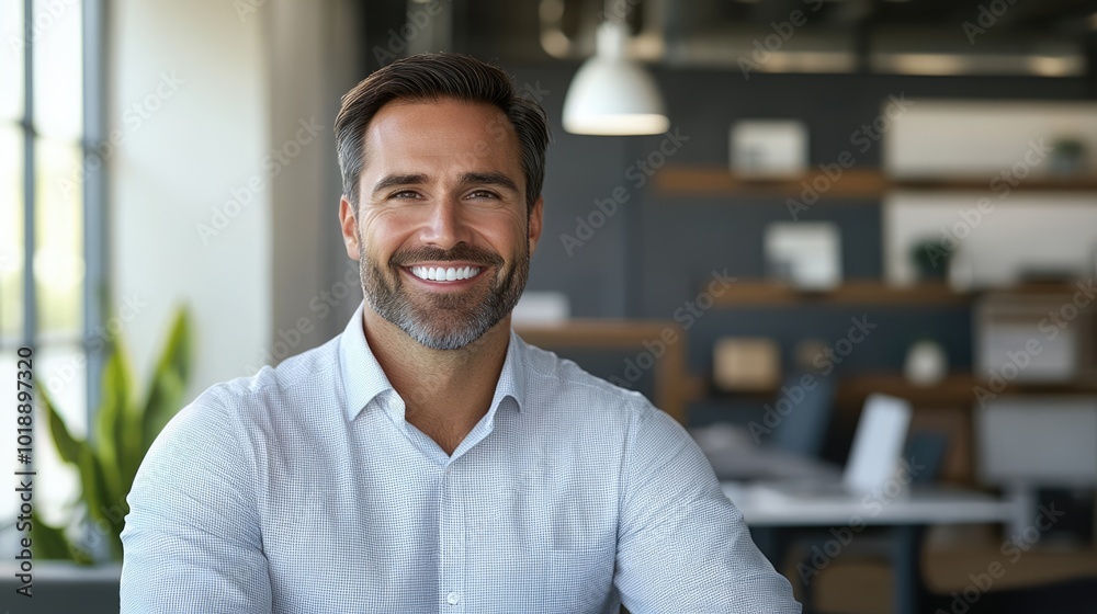 Obraz premium Smiling happy successful businessman dressed in white shirt in the modern office. Manager at work