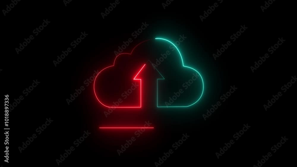 Glowing neon line Cloud file upload with loading bar icon animation on black background. 4k video. Neon glow Data storage icon concept. Glowing neon line Cloud file upload with loading bar icon animation on black background. 4k video. Neon glow Data storage icon concept.